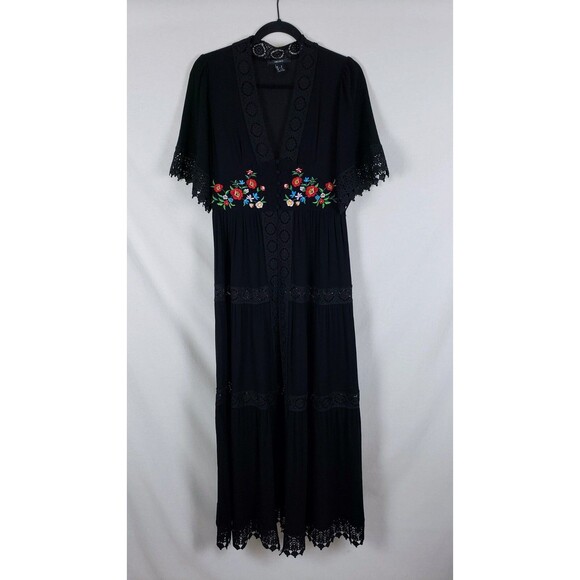 Boho Floral Embroidery Duster Kimono Womens M Black Buttoned Waist Peasant Lace - Picture 3 of 10